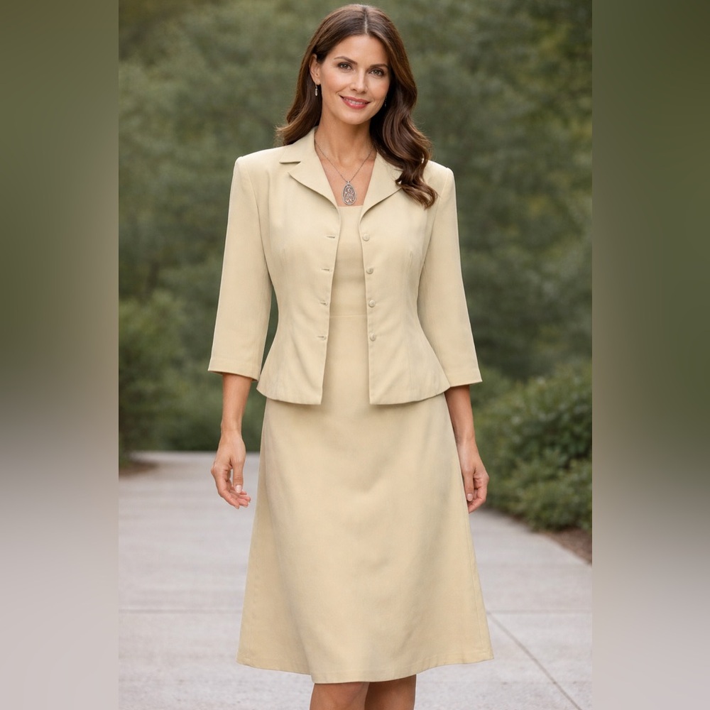 Vintage Danny & Nicole Silk Cream Jacket Dress Set Knee Length Size 10P